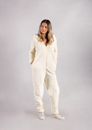 Peluş Tulum Pijama Takımı Krem